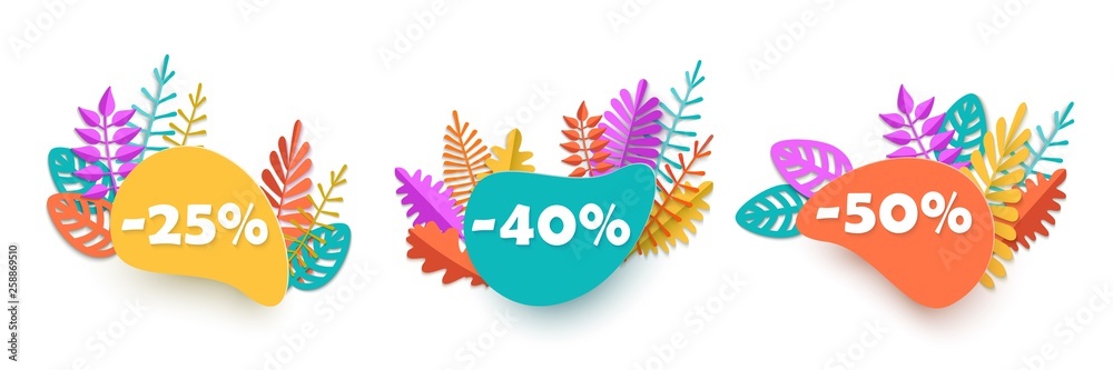 Obraz premium Summer spring autumn sale, Set of ad banners with discount 25 40 50 percent with bright colorful leaves in paper cut style, isolated on white background, special offer, advertising Season Sale design