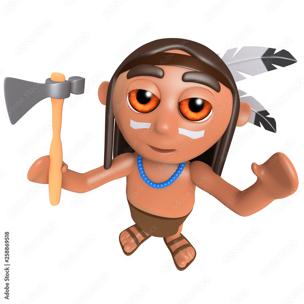 Funny cartoon 3d Native American Indian character cheering with his axe  Stock Illustration | Adobe Stock