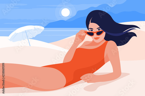 Beautiful girl lying on the beach against the background of the sea and mountains. Summer holidays in the southern resorts. Vector flat illustration