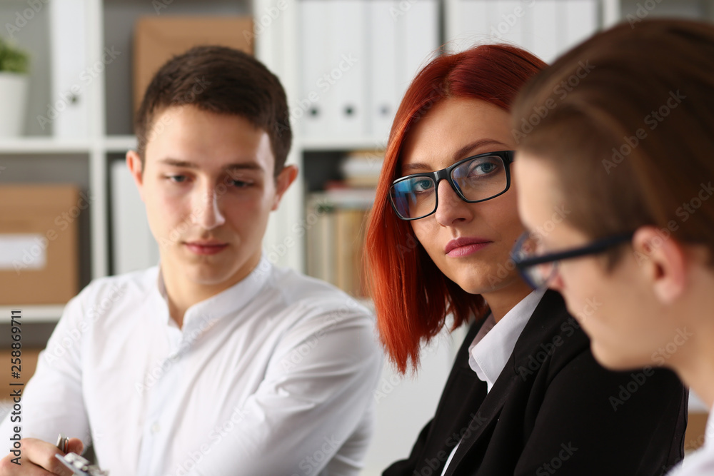 Group people sit in office deliberate on problem Group people sit in office deliberate on problem