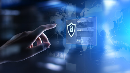 Access window with login and password on virtual screen. Cyber security and personal data protection concept.