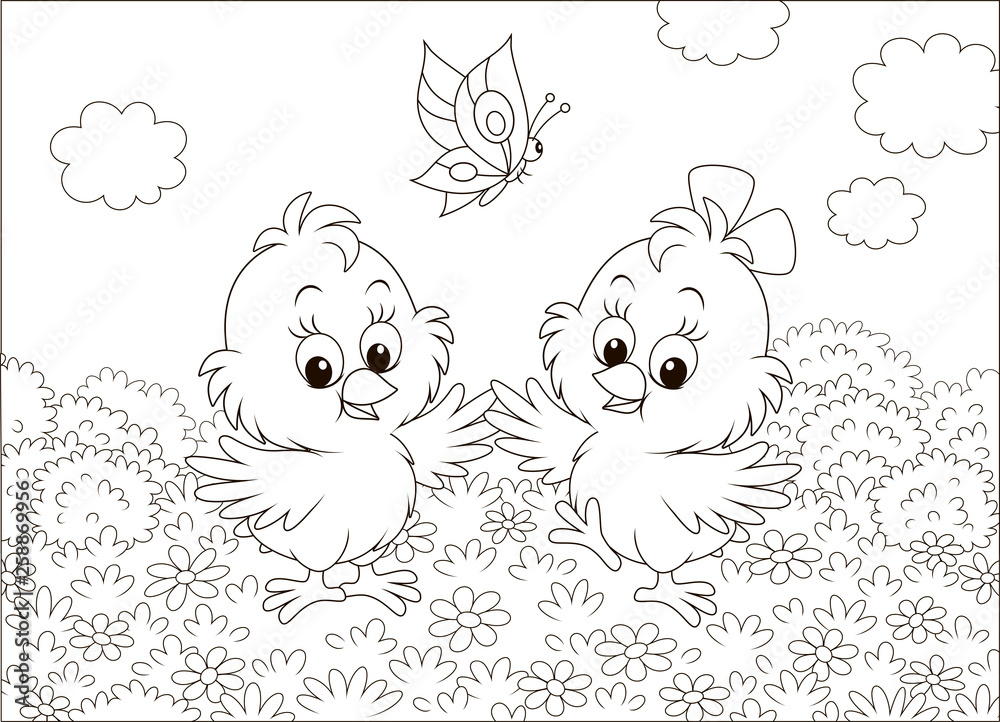 Cute little chicks dancing with a butterfly among flowers on a sunny summer day, black and white vector illustration in a cartoon style for a coloring book