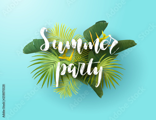 Summer tropical vector design for poster, banner or advertisment with exotic green palm leaves, flowers and handlettering on the bright background.