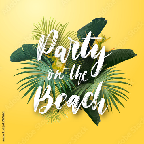 Summer tropical vector design for poster, banner or advertisment with exotic green palm leaves, flowers and handlettering on the bright background.