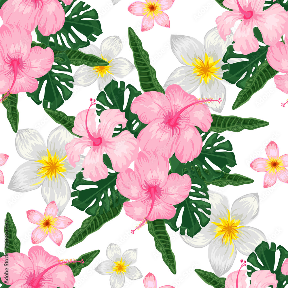 Seamless pattern with pink hibiscus and plumeria on white background