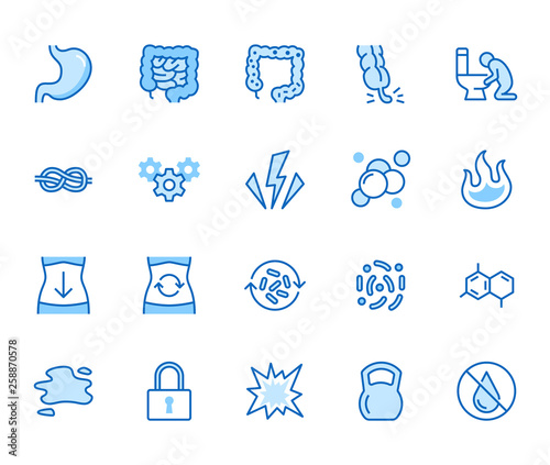 Symptoms of abdominal disease flat line icons set. Stomach pain, appendicitis, heartburn, spasm, diarrhea vector illustrations. Thin signs digestion for digestion. Pixel perfect 64x64 Editable Stroke