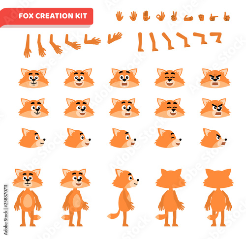 Cartoon fox creation set. Various gestures, emotions, diverse poses, views. Create your own pose, animation. Flat style vector illustration