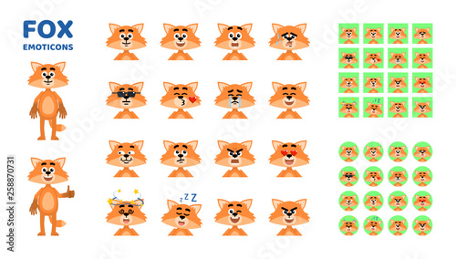 Set of cartoon fox emoticons. Funny fox avatars showing diverse facial expressions. Happy, sad, smile, laugh, surprised, tired, angry, dazed, thinking and other emotions. Simple vector illustration