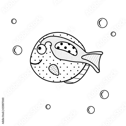 Tropical fish . Vector marine character for coloring book zenart. Simple illustration suitable for kids. Educational games with child. For printing and paint. Sea fauna and bubbles photo