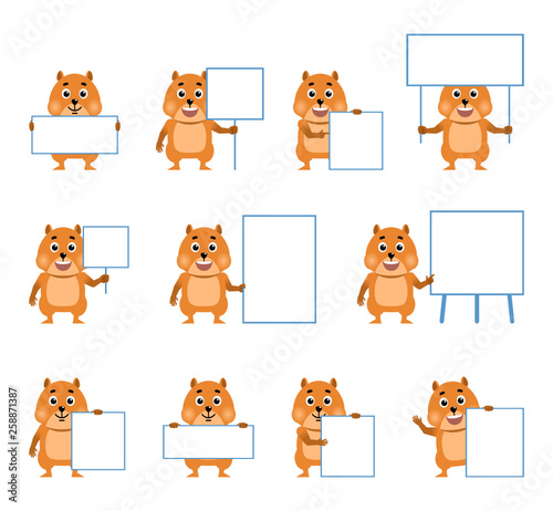 Set of cartoon hamster characters posing with various blank banners. Funny hamster holding paper, poster, placard, pointing to whiteboard. Teach, advertise. Flat style vector illustration