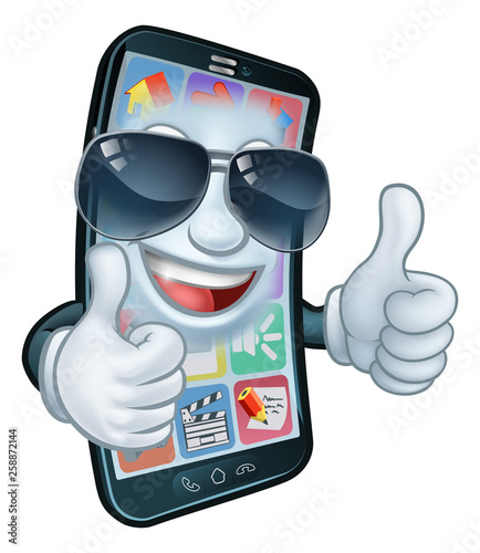 A mobile phone cartoon character mascot wearing cool shades or sunglasses giving a double thumbs up.