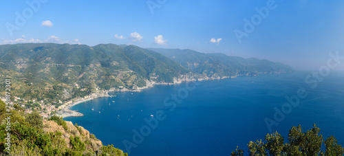 Panorama view of beach in Monterosso al mare from Punta Mesco. Cinque Terre. Italy