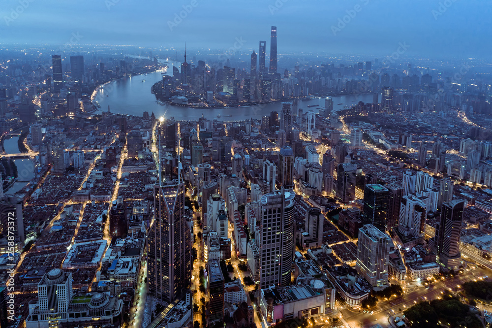 aerial view of East Nanjing Road, Shanghai, China. In dawn