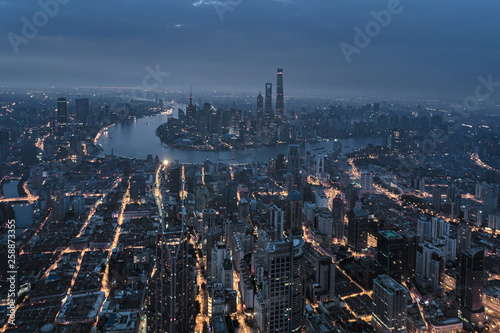 Canvas Print aerial view of East Nanjing Road, Shanghai, China. In dawn