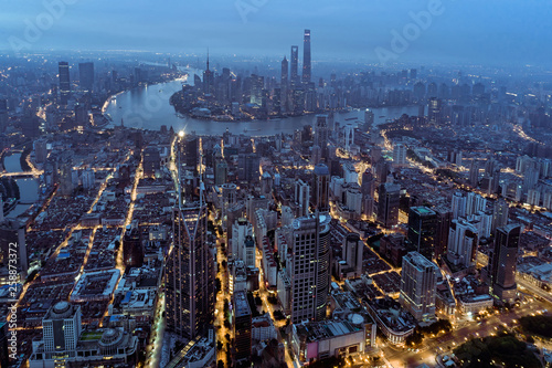 aerial view of East Nanjing Road  Shanghai  China. In dawn