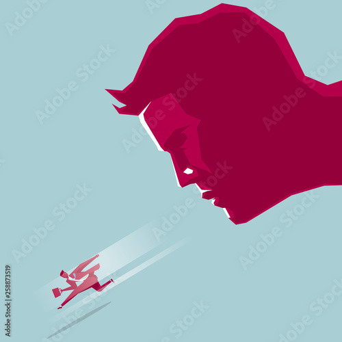 The businessman ran away. Isolated on blue background.