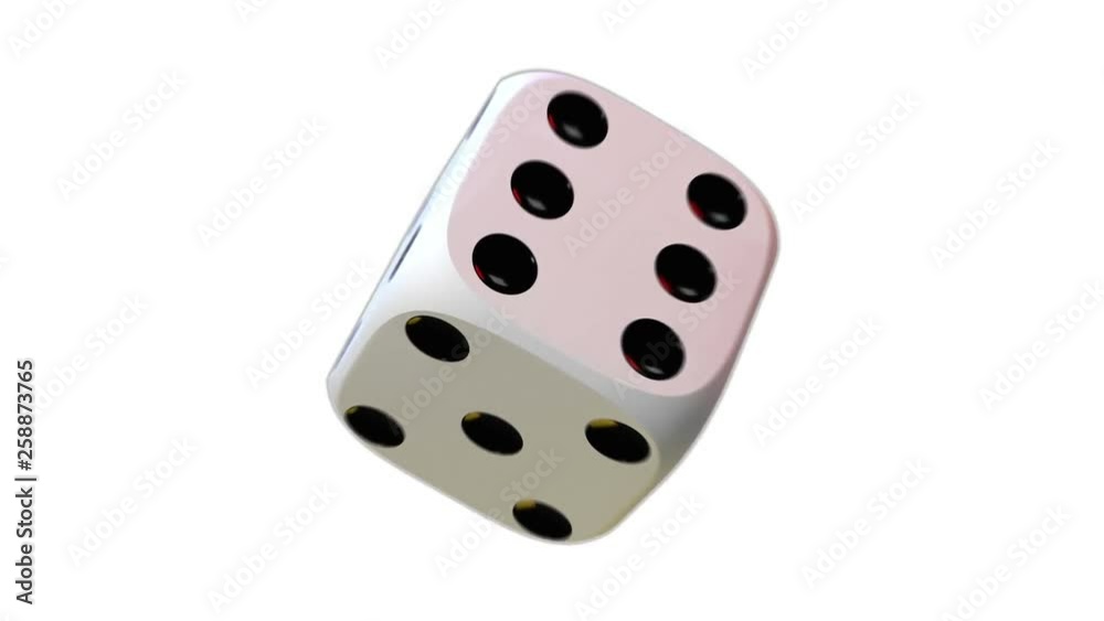Zoom on white playing dice, rotating on white background.