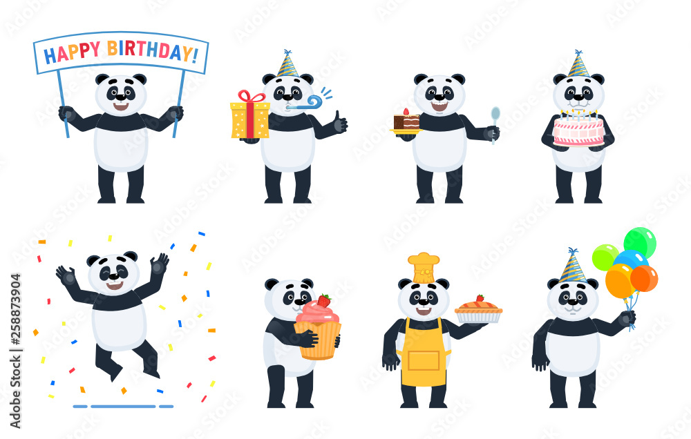 Set of panda characters posing in different situations. Cheerful panda celebrating birthday, holding birthday banner, cake, gift box, present, cupcake, pie, balloons, jumping. Flat vector illustration Set of panda characters posing in different situations. Cheerful panda celebrating birthday, holding birthday banner, cake, gift box, present, cupcake, pie, balloons, jumping. Flat vector illustration