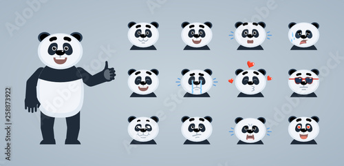 Fototapeta Naklejka Na Ścianę i Meble -  Set of cartoon panda emoticons. Panda avatars showing different facial expressions. Happy, sad, smile, laugh, cry, tired, in love, angry and other emotions. Flat vector illustration