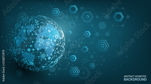 Vector. Blue background. Geometric sphere. Planet Earth. Global social network. Future. Hexagon. Internet and technology. Abstract image of dots and lines. Modern science.