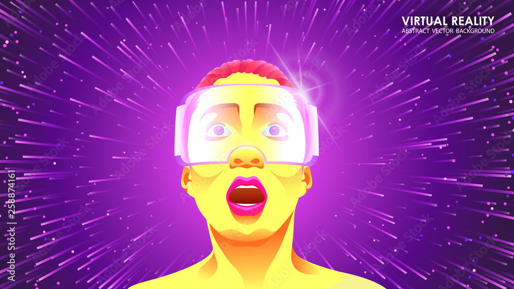 The virtual reality glasses. The woman in the headset vr. Internet, communication. Modern innovative technology. Vector. Technologies of the future. Blue abstract background. The virtual reality glasses. The woman in the headset vr. Internet, communication. Modern innovative technology. Vector. Technologies of the future. Blue abstract background.