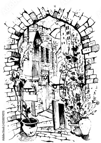 vector Hand drawn of Old Street . Watercolor sketch illustration . Illustration of city street. Watercolor Art .