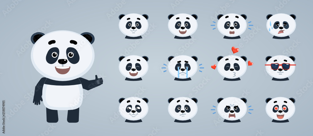 Set of cartoon baby panda emoticons. Baby panda avatars showing different  facial expressions. Happy, sad, cry, laugh, tired, surprised, in love and  other emotions. Simple vector illustration Stock Vector | Adobe Stock
