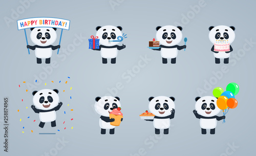 Set of baby panda characters posing in different situations. Cheerful panda holding birthday banner  cake  gift box  balloons  pie  cupcake  jumping. Birthday celebration. Simple vector illustration