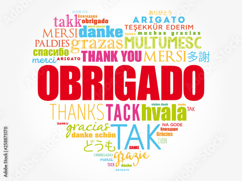Obrigado (Thank You in Portuguese) love heart  Word Cloud in different languages