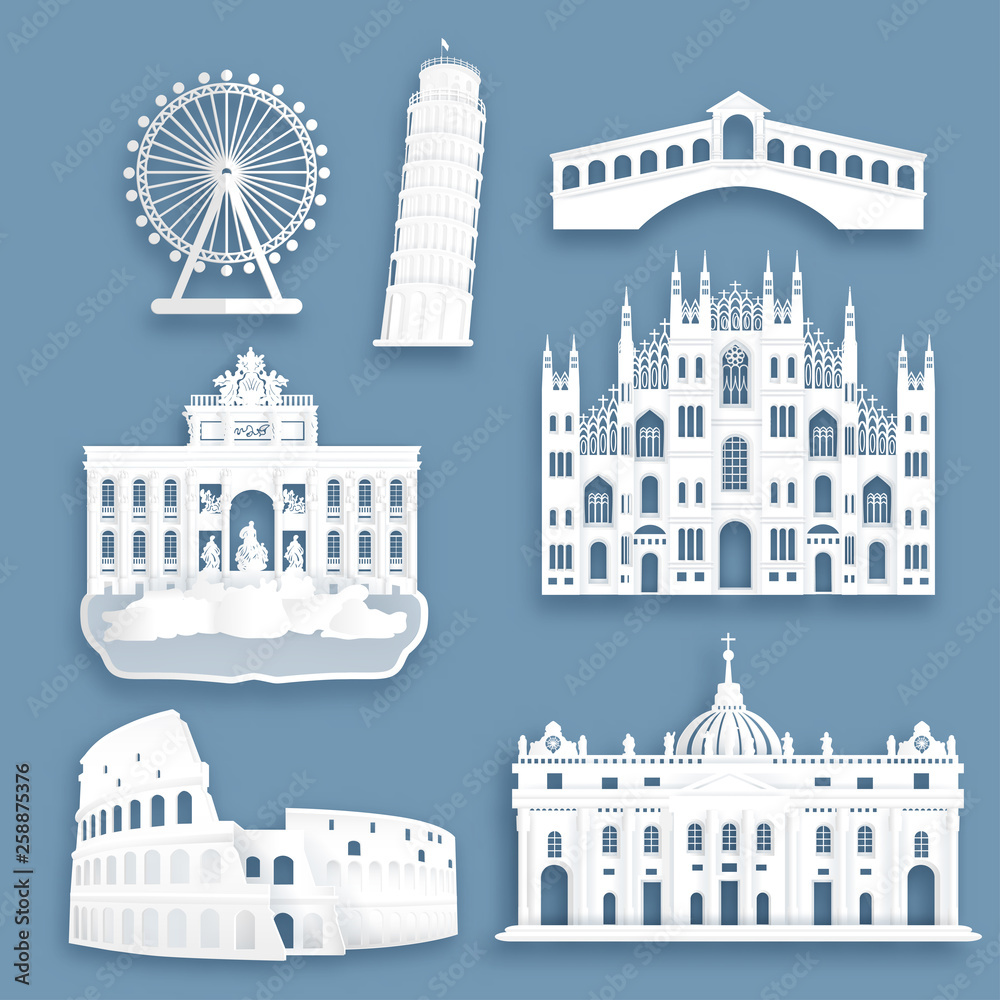 Collection of Italy famous landmarks in paper cut style vector illustration.