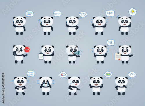 Big set of baby panda characters posing in different situations. Cheerful panda talking on the phone, holding stop sign, loudspeaker, document and doing other actions. Flat vector illustration