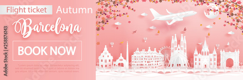 Flight and ticket advertising template with travel to Barcelona, Spain in autumn season deal with falling maple leaves and famous landmarks in paper cut style vector illustration