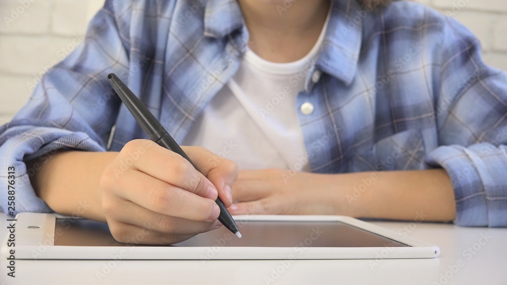 Child Studying on Tablet, Girl Writing in School Class, Learning Doing Homework Child Studying on Tablet, Girl Writing in School Class, Learning Doing Homework