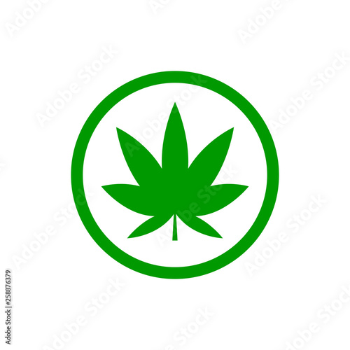 Green cannabis leaf on the white bakground. Herbal cannabis. Hemp leaf symbol. Vector illustration