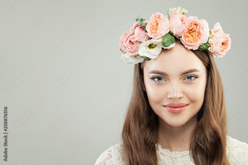 Pretty Woman in Flowers Wreath Portrait