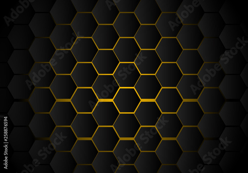 Abstract black hexagon pattern on yellow neon background technology style. Honeycomb.
