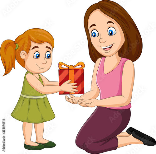 Little girl giving a gift box to her mother