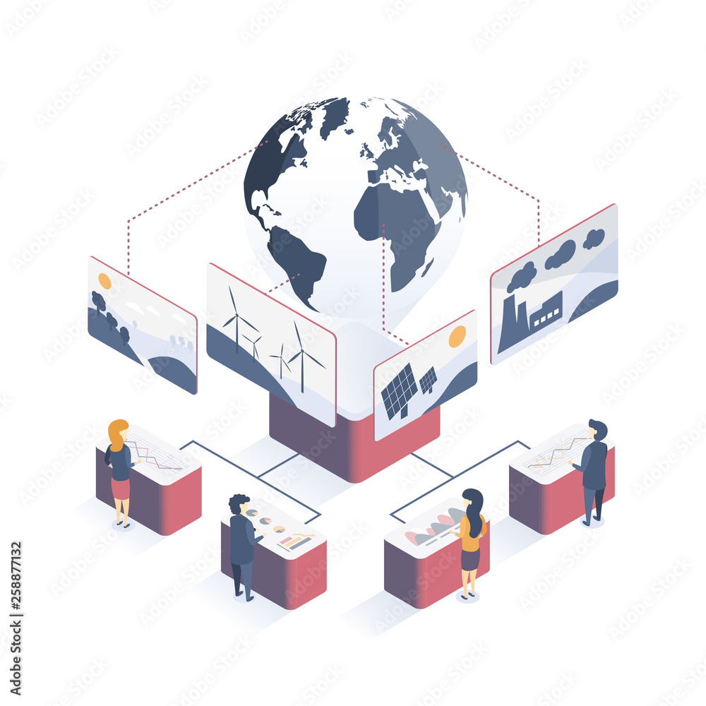 Fototapeta premium Concept of environmental protection. Problems of earth ecology. Atmospheric pollution. Alternative Energy Sources. Ecology Research of the Earth. Vector illustration.