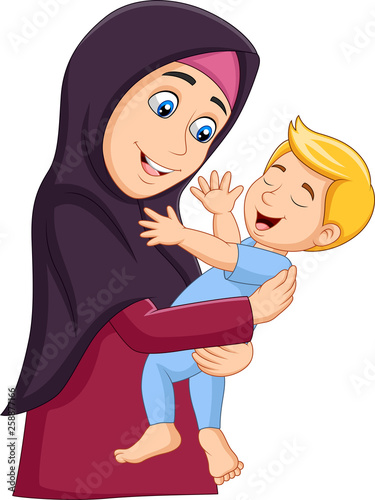 Muslim mother hugging her son