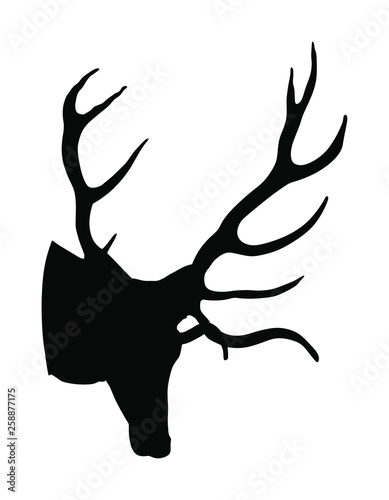 Deer head with antlers vector silhouette illustration isolated on white background. Reindeer, proud Noble Deer male trophy. Powerful buck, red deer. Hunter hunting  wild animal, symbol of male power.