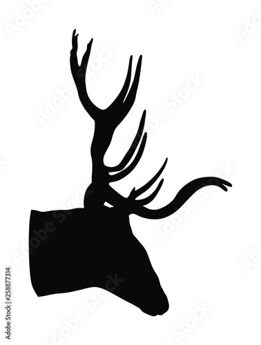 Deer head with antlers vector silhouette illustration isolated on white background. Reindeer, proud Noble Deer male trophy. Powerful buck, red deer. Hunter hunting  wild animal, symbol of male power.