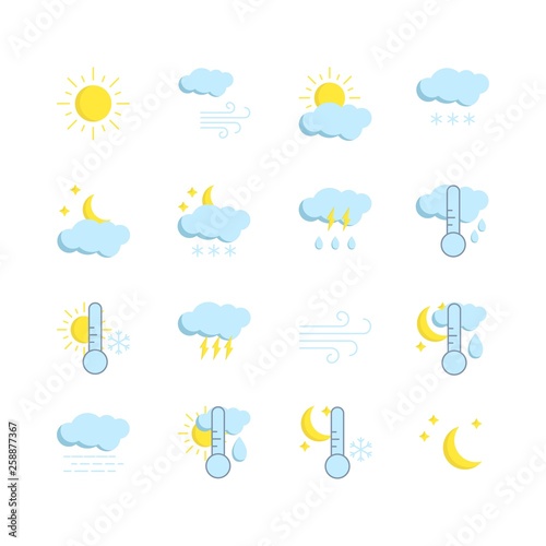 Vector set of modern weather icons. Flat collection of symbols of different weather isolated on white background. Vector illustration for mobile app, print, web.