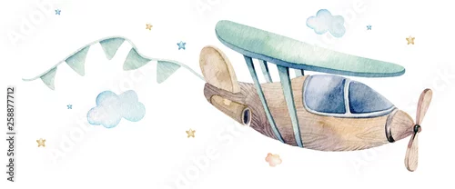 Obraz Akwarela z samolotem i chmurami.