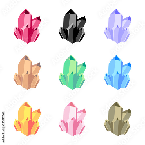 Vector set of nine bright mineral icons. Mineralogy collection. Jewellery concept – magic colored gemstones. Glittering crystalline stone or gemstone crystals isolated on a white background.