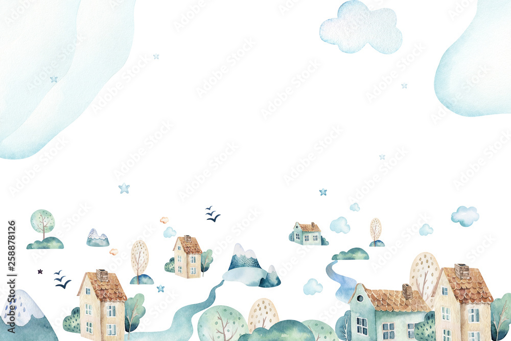 Obraz premium Akwarela zestaw ilustracji tła uroczej kreskówki i fantazyjnej sceny nieba wraz z samolotami, helikopterami, samolotem i balonami, chmury. Chłopiec wzór. To projekt baby shower