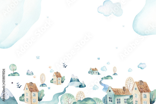 Watercolor set background illustration of a cute cartoon and fancy sky scene complete with airplanes, helicopters, plane and balloons, clouds. Boy seamless pattern. It's a baby shower design