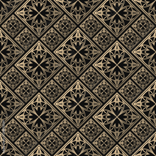 Seamless pattern oriental ornament. Black and golden textile print. Islamic vector design. Floral tiles.