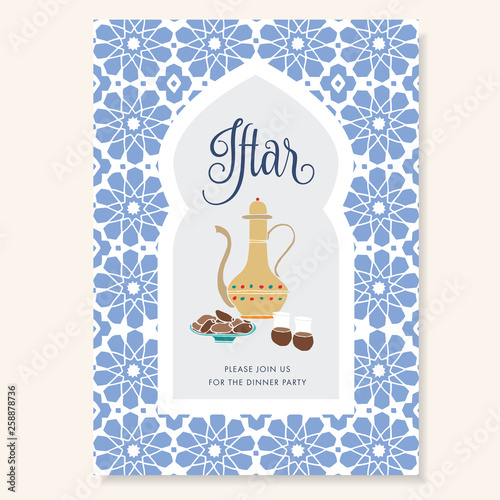 Hand drawn invitation for iftar dinner with teapot, tea cups, date fruit plate. Blue ornamental Moroccan pattern, arabic window. Greeting card for muslim holiday Ramadan Kareem.Vector background.