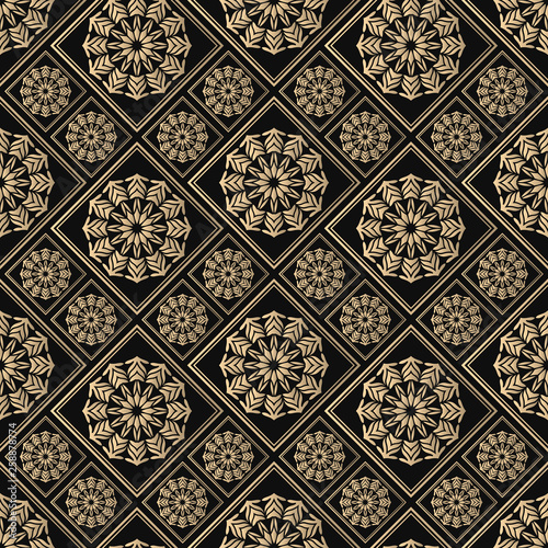 Islamic vector design. Seamless pattern oriental ornament. Black and golden textile print. Floral tiles.