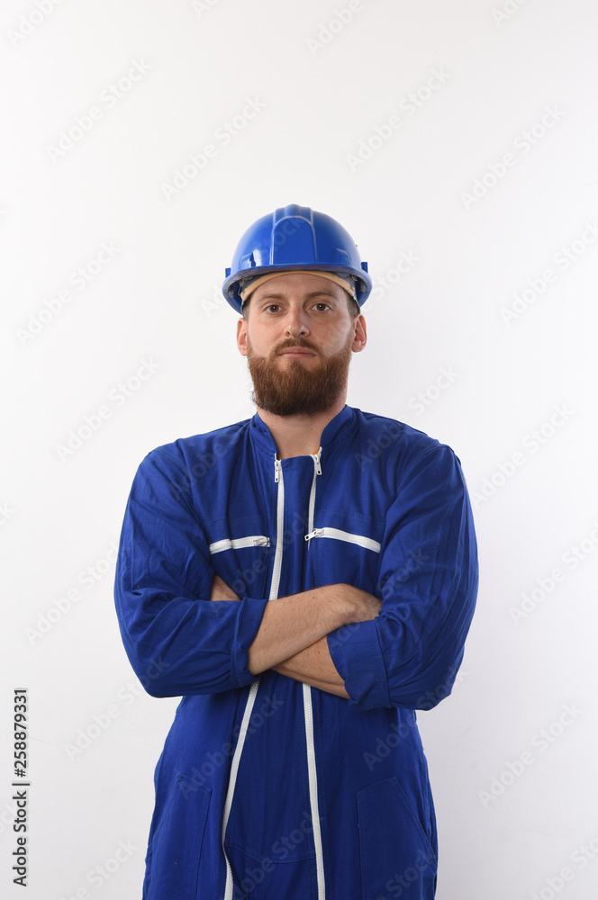 worker in blue working on white background